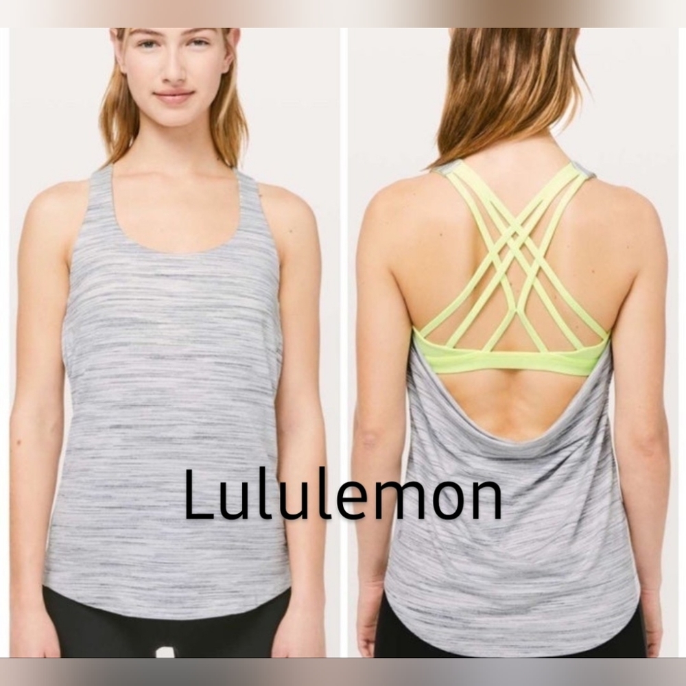 LULULEMON SLAY THE STUDIO 2/1 Space Dye Gray Tank Top Yellow Yoga Sport Bra 10